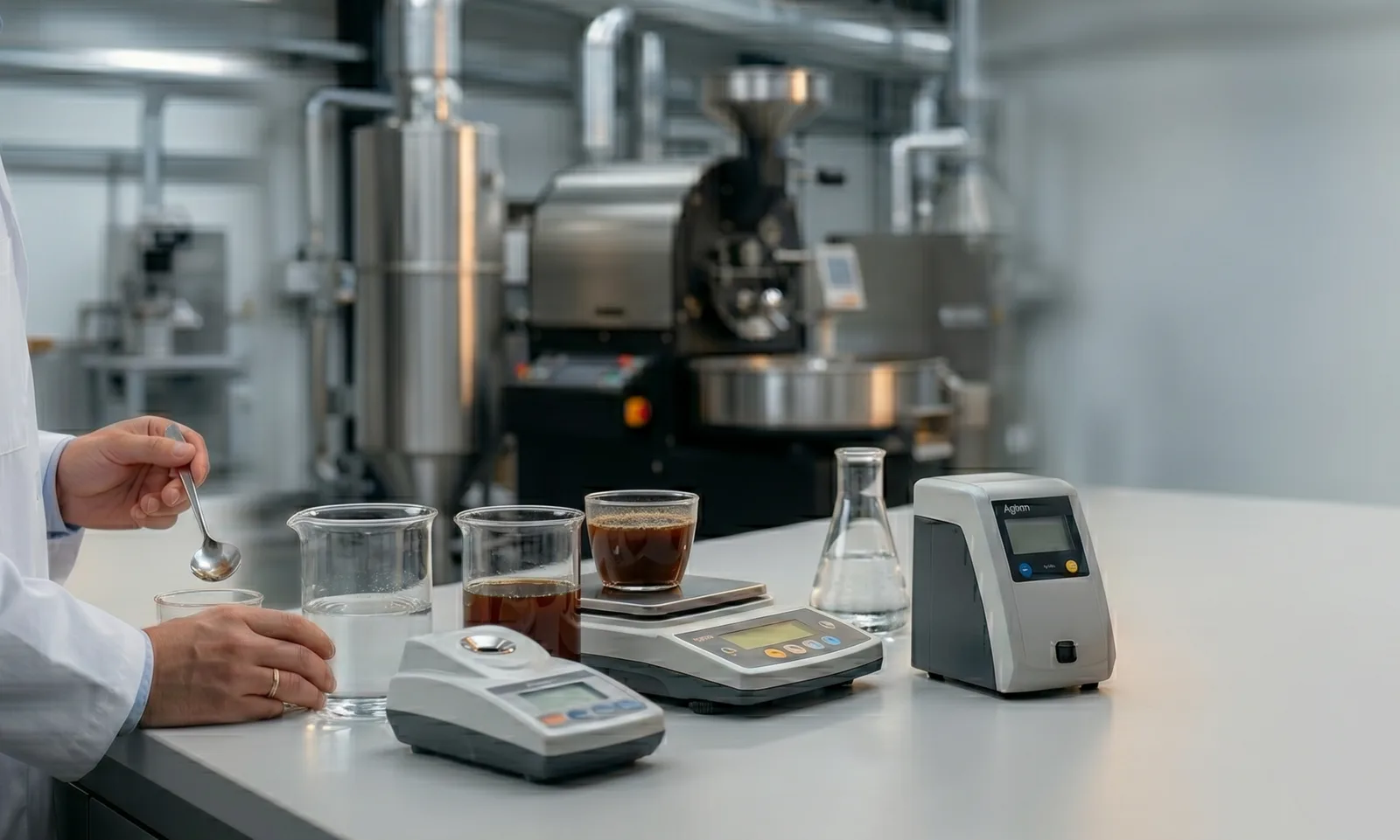Laboratorio de análisis sensorial y perfiles organolépticos de café — Agtron, densidad y humedad